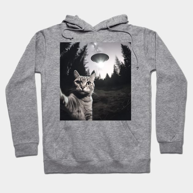 Cat took a selfie with UFO, Black and White Version Hoodie by BloomInOctober